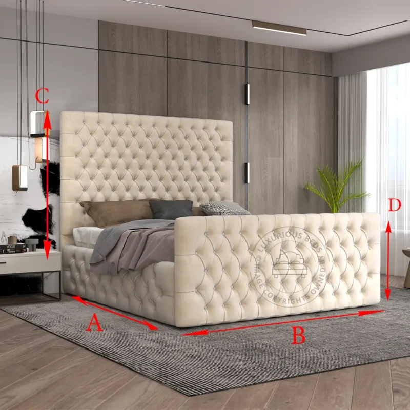 Modern Denver Chesterfield Upholstered Bed Frame With High Headboard and Tall Footboard measurements dimensions