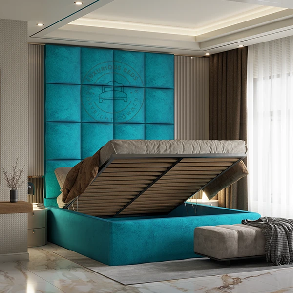 Luxury Vienna ottoman gas lift storage bed frame with designer High Headboard floor to ceiling